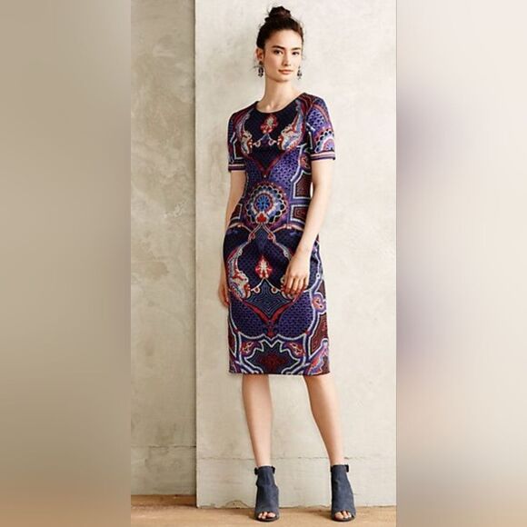 Pankaj & Nidhi Fitted Short Sleeve Scuba Dress, Mosaic Print, Size 2 - Picture 1 of 12
